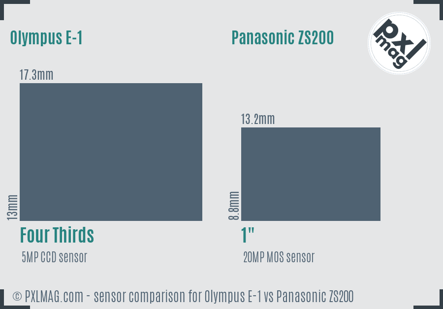 Olympus E-1 vs Panasonic ZS200 sensor size comparison