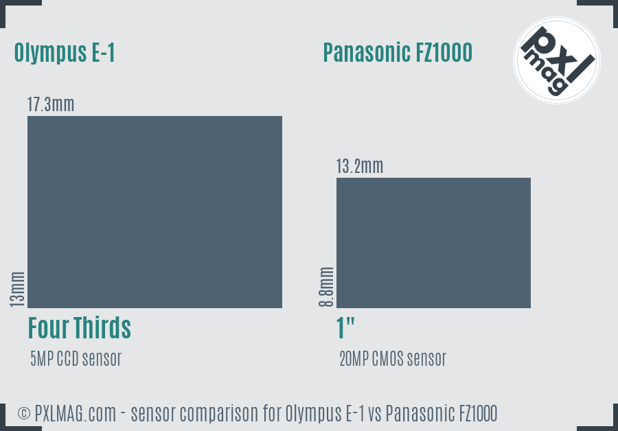Olympus E-1 vs Panasonic FZ1000 sensor size comparison