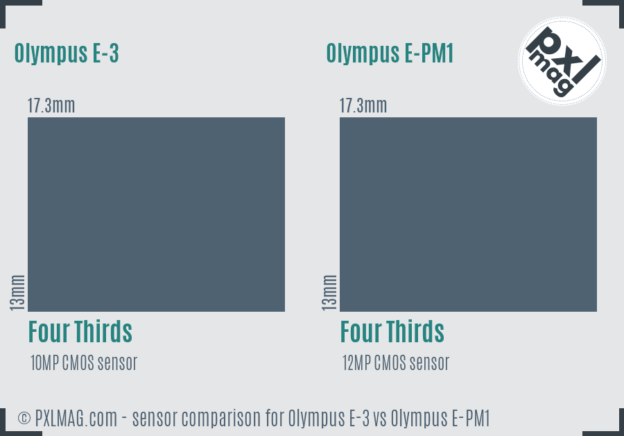 Olympus E-3 vs Olympus E-PM1 sensor size comparison