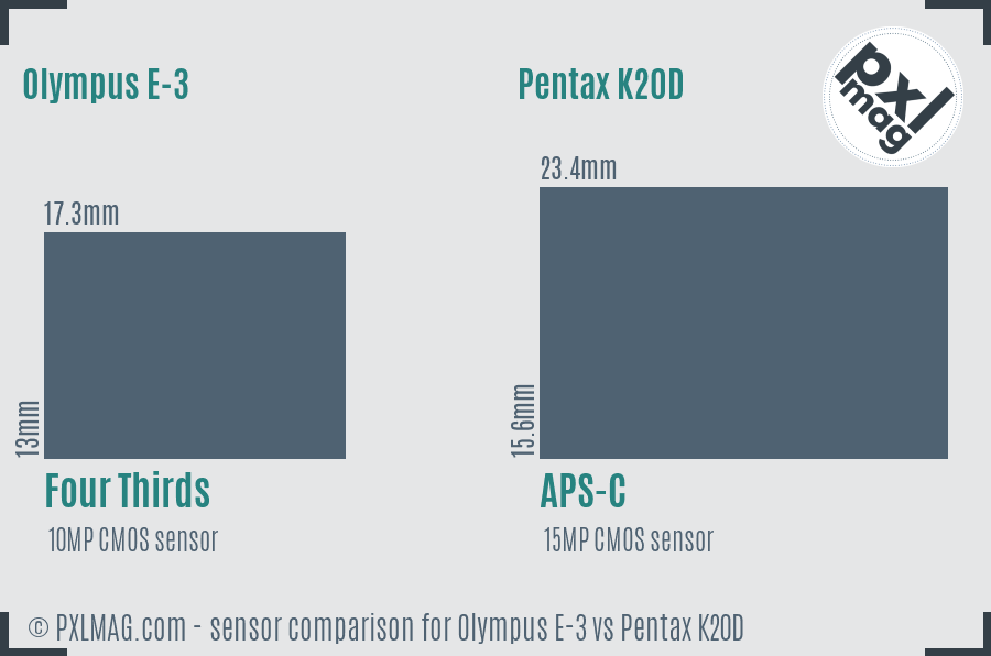 Olympus E-3 vs Pentax K20D sensor size comparison