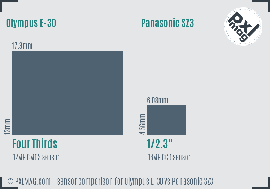 Olympus E-30 vs Panasonic SZ3 sensor size comparison