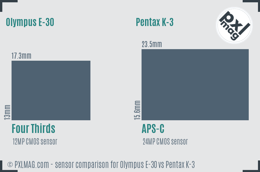 Olympus E-30 vs Pentax K-3 sensor size comparison