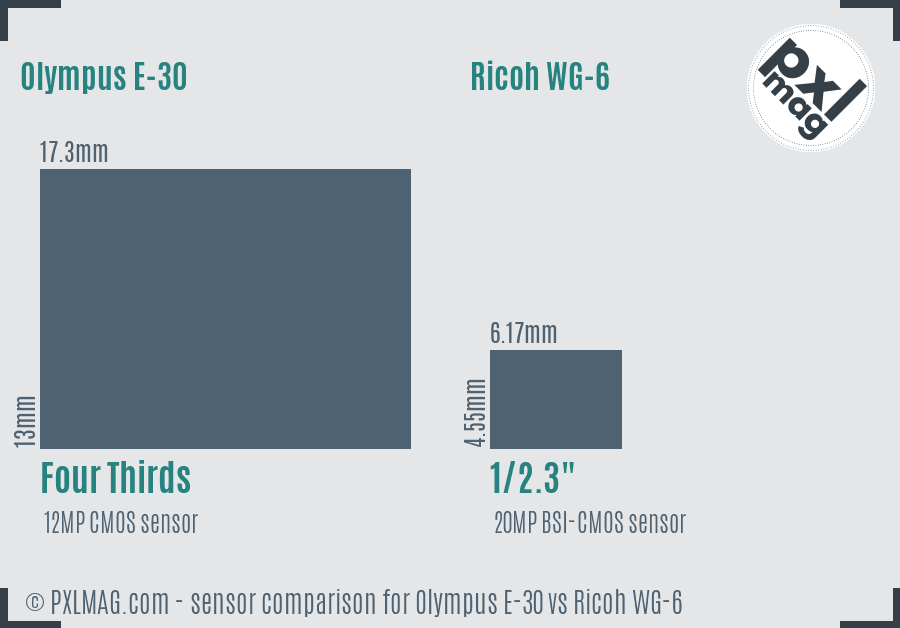 Olympus E-30 vs Ricoh WG-6 sensor size comparison