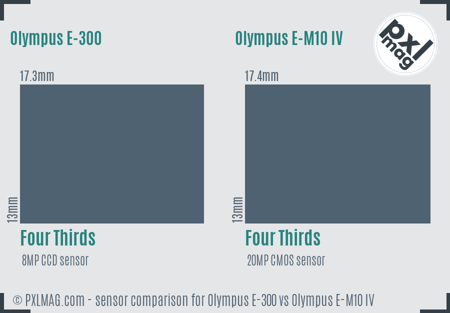Olympus E-300 vs Olympus E-M10 IV sensor size comparison