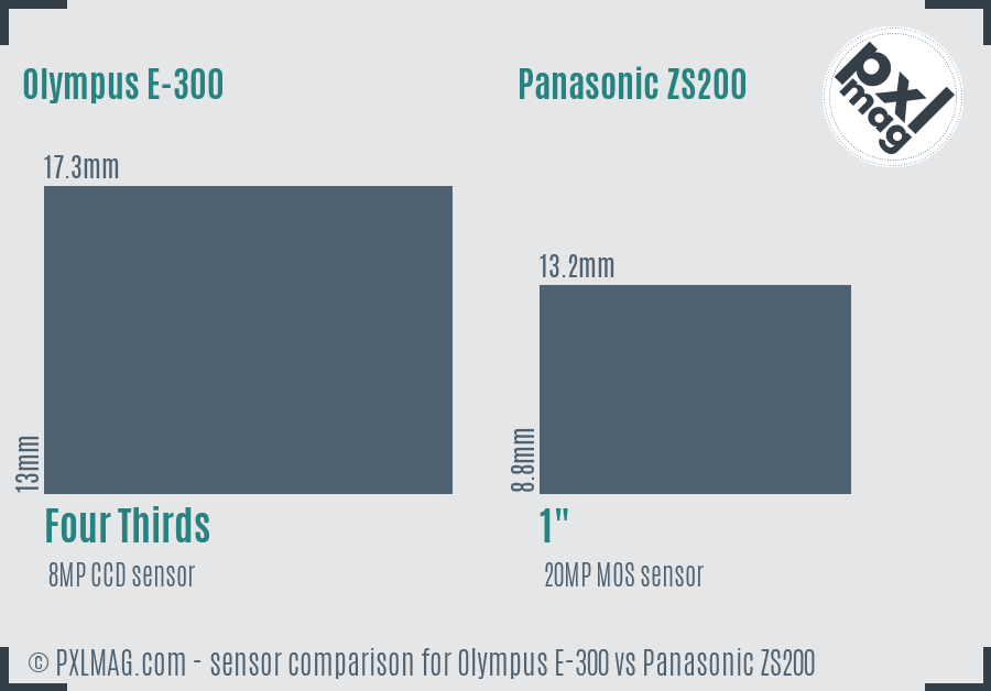 Olympus E-300 vs Panasonic ZS200 sensor size comparison