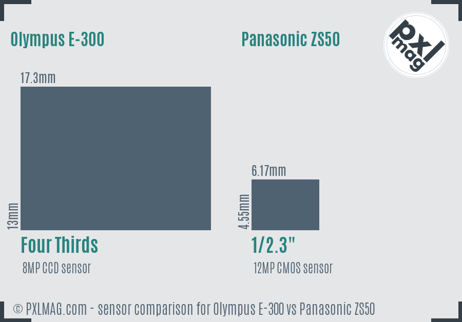 Olympus E-300 vs Panasonic ZS50 sensor size comparison