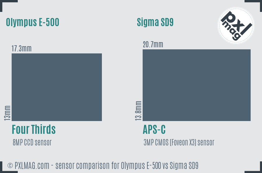 Olympus E-500 vs Sigma SD9 sensor size comparison