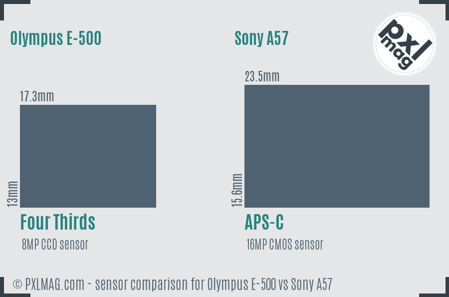 Olympus E-500 vs Sony A57 sensor size comparison
