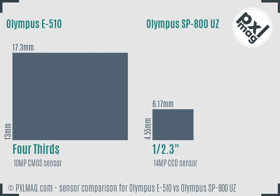 Olympus E-510 vs Olympus SP-800 UZ sensor size comparison
