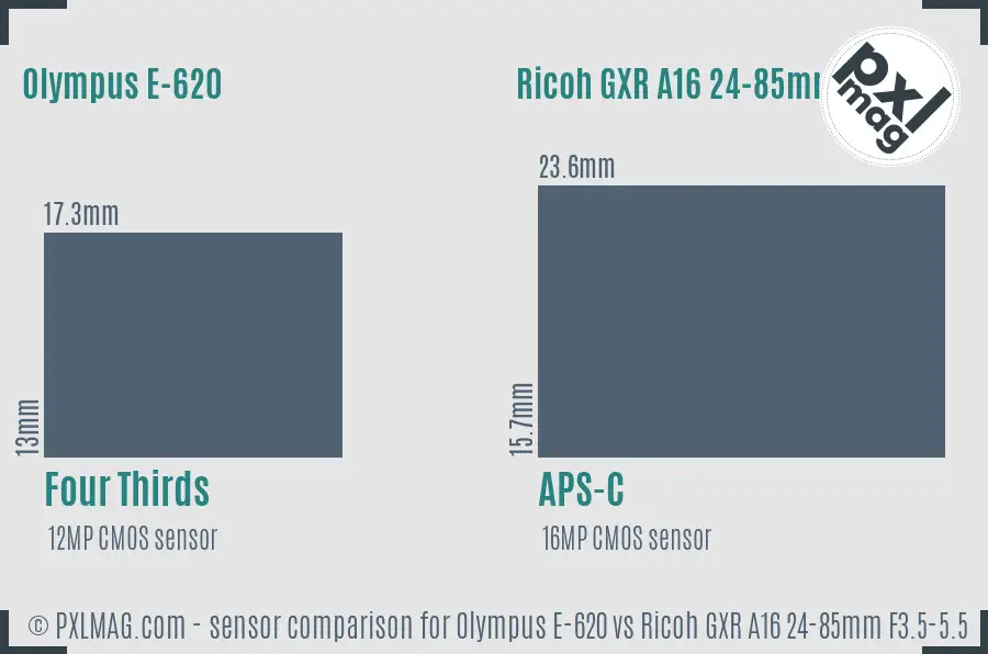 Olympus E-620 vs Ricoh GXR A16 24-85mm F3.5-5.5 sensor size comparison