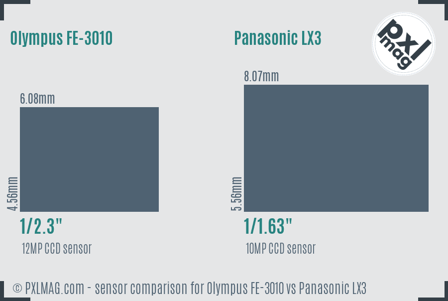 Olympus FE-3010 vs Panasonic LX3 sensor size comparison