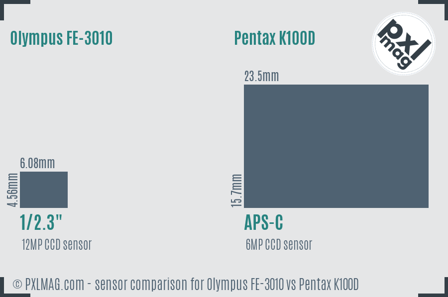 Olympus FE-3010 vs Pentax K100D sensor size comparison