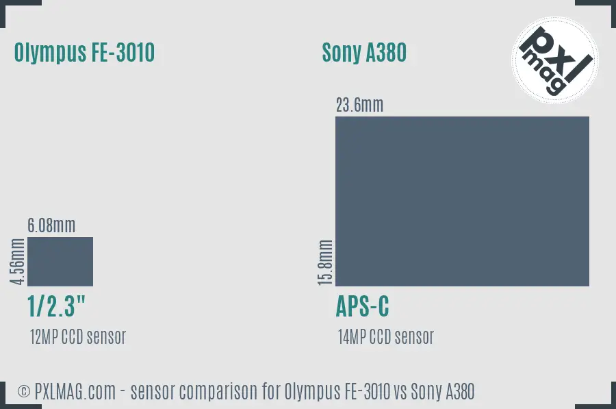 Olympus FE-3010 vs Sony A380 sensor size comparison