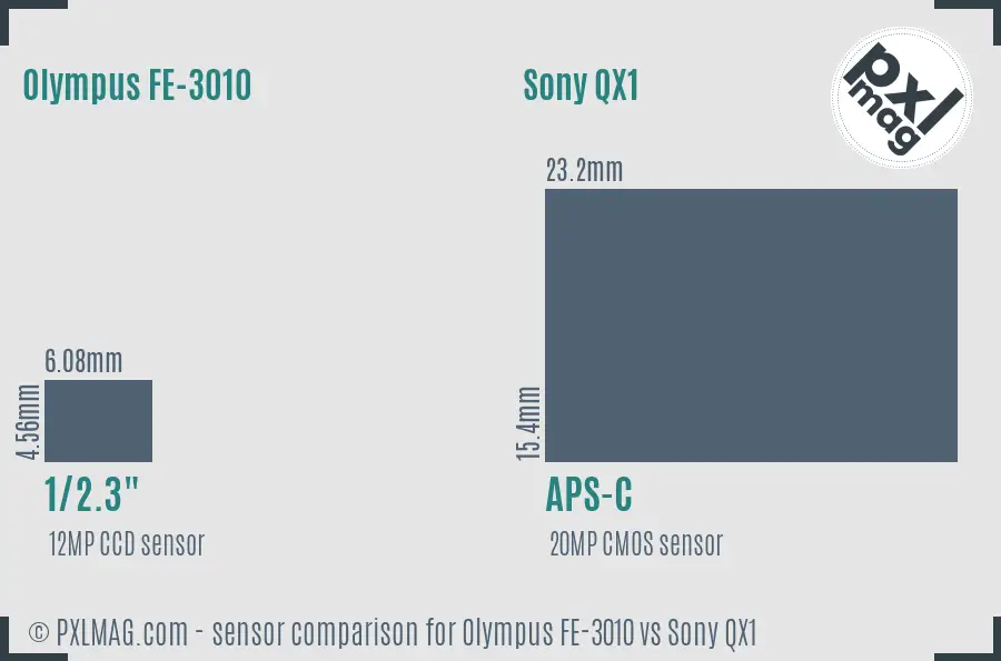 Olympus FE-3010 vs Sony QX1 sensor size comparison