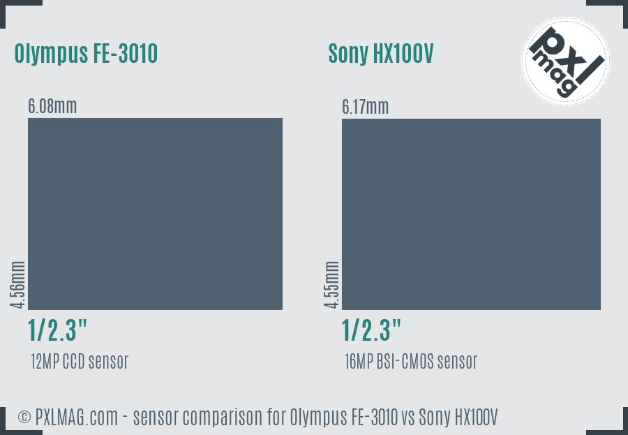 Olympus FE-3010 vs Sony HX100V sensor size comparison