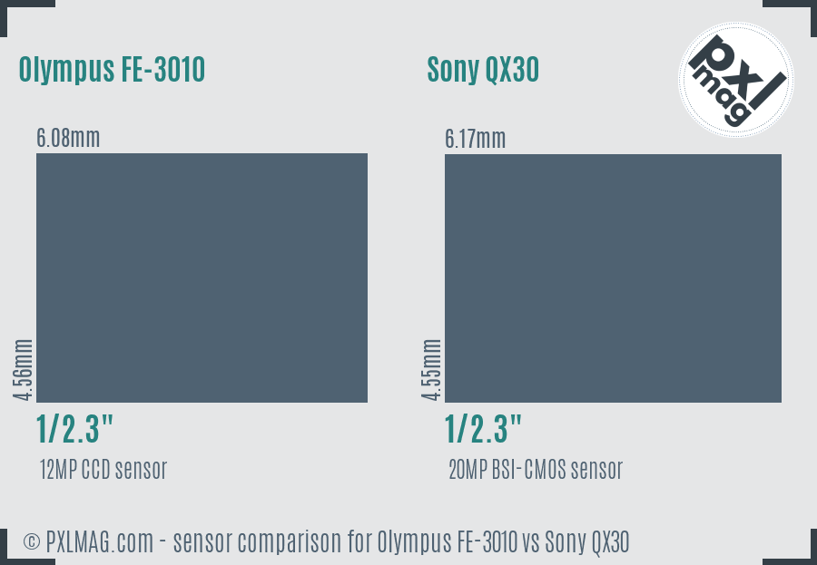 Olympus FE-3010 vs Sony QX30 sensor size comparison