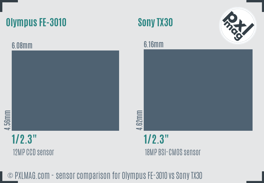 Olympus FE-3010 vs Sony TX30 sensor size comparison