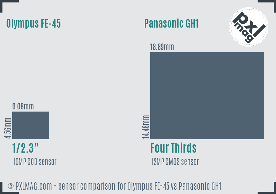 Olympus FE-45 vs Panasonic GH1 sensor size comparison