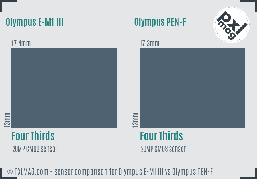 Olympus E-M1 III vs Olympus PEN-F sensor size comparison