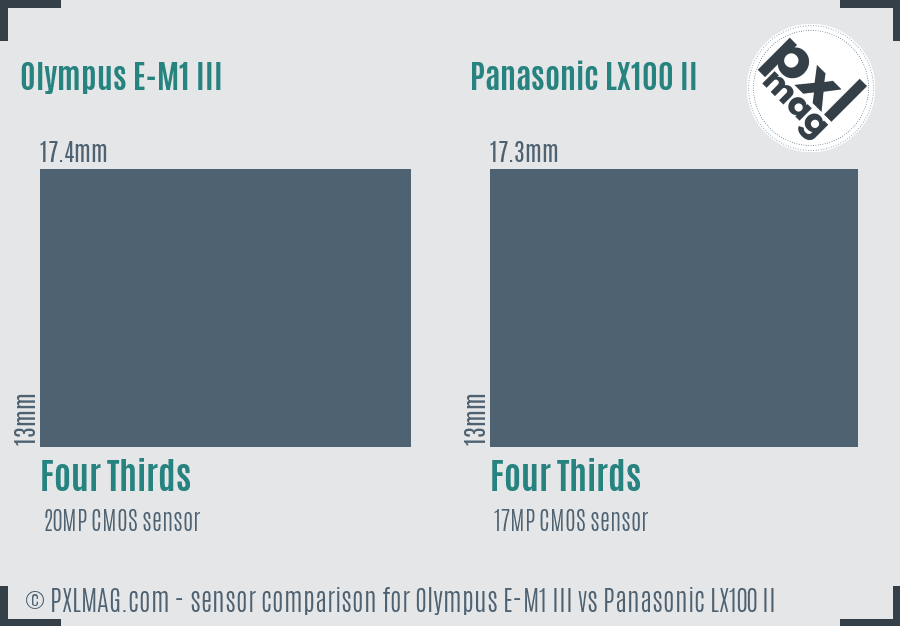 Olympus E-M1 III vs Panasonic LX100 II sensor size comparison