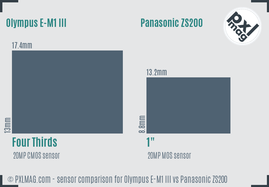 Olympus E-M1 III vs Panasonic ZS200 sensor size comparison