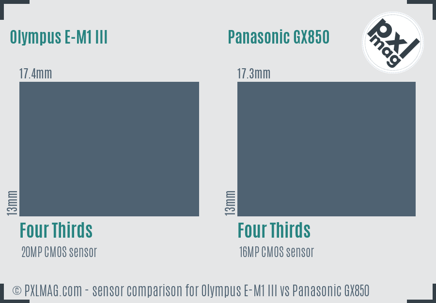 Olympus E-M1 III vs Panasonic GX850 sensor size comparison