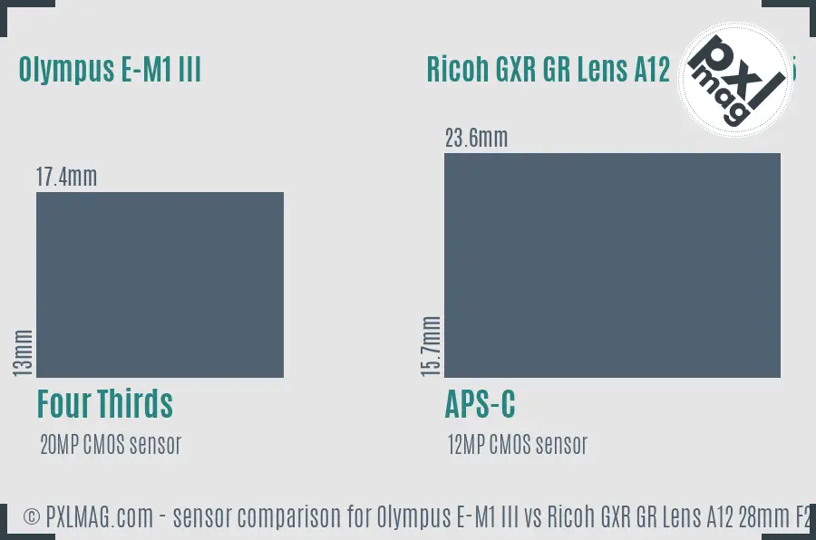 Olympus E-M1 III vs Ricoh GXR GR Lens A12 28mm F2.5 sensor size comparison