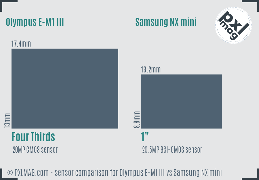 Olympus E-M1 III vs Samsung NX mini sensor size comparison