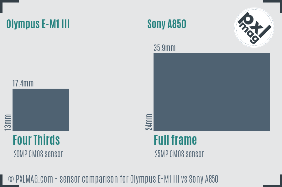 Olympus E-M1 III vs Sony A850 sensor size comparison