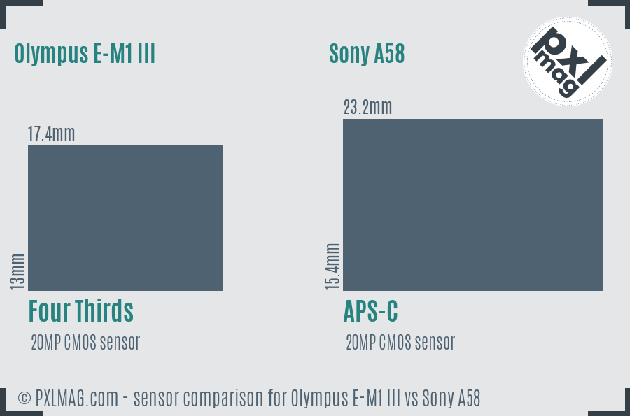 Olympus E-M1 III vs Sony A58 sensor size comparison