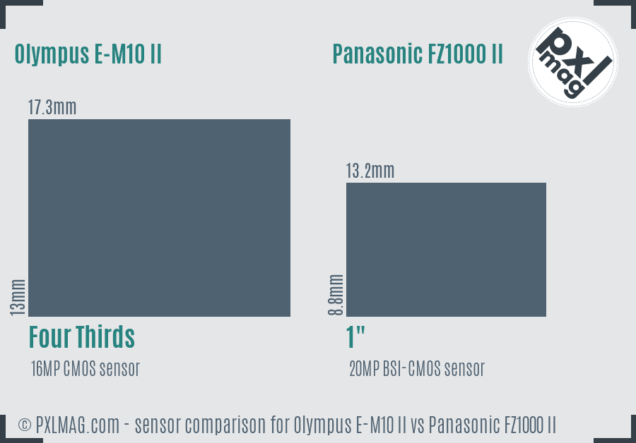 Olympus E-M10 II vs Panasonic FZ1000 II sensor size comparison