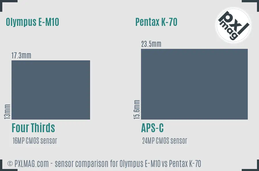 Olympus E-M10 vs Pentax K-70 sensor size comparison