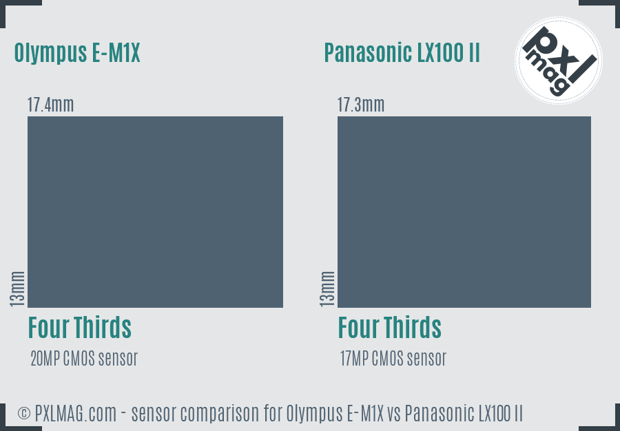 Olympus E-M1X vs Panasonic LX100 II sensor size comparison
