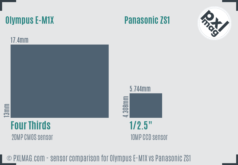 Olympus E-M1X vs Panasonic ZS1 sensor size comparison