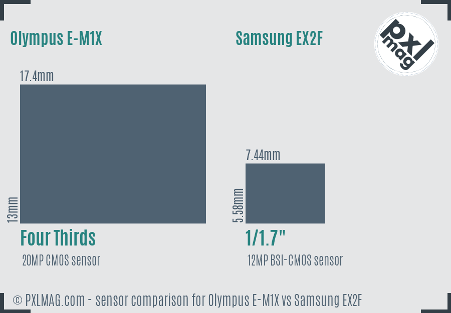Olympus E-M1X vs Samsung EX2F sensor size comparison