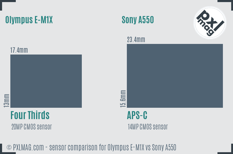 Olympus E-M1X vs Sony A550 sensor size comparison
