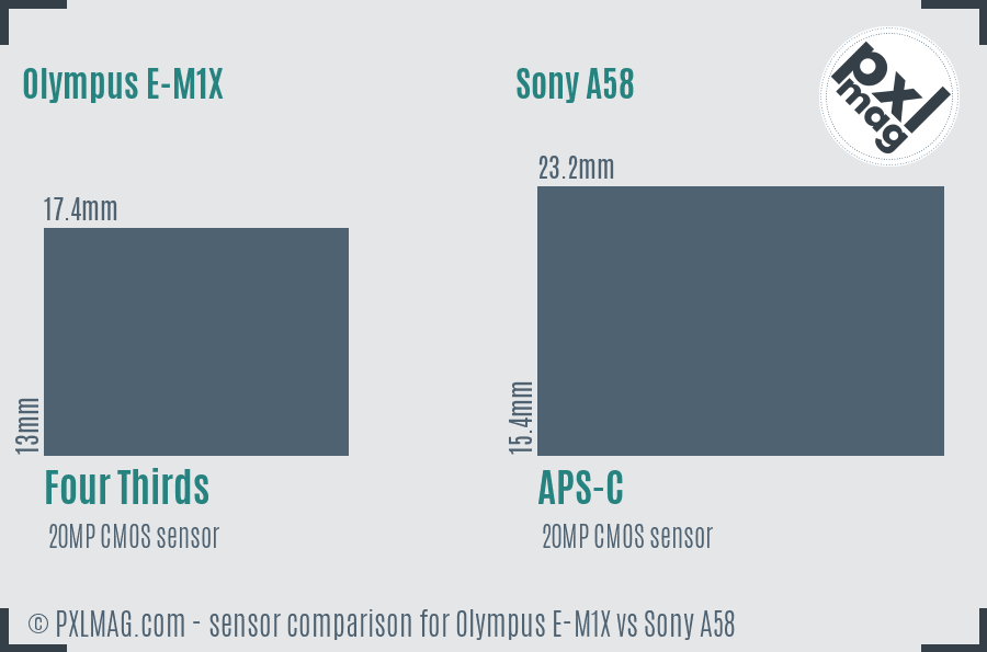 Olympus E-M1X vs Sony A58 sensor size comparison