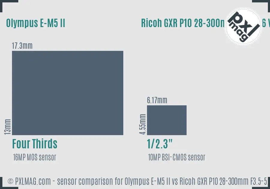 Olympus E-M5 II vs Ricoh GXR P10 28-300mm F3.5-5.6 VC sensor size comparison