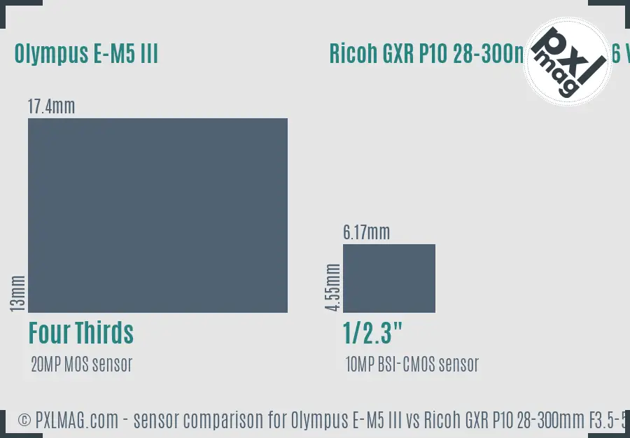 Olympus E-M5 III vs Ricoh GXR P10 28-300mm F3.5-5.6 VC sensor size comparison