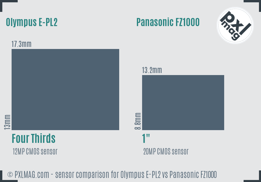 Olympus E-PL2 vs Panasonic FZ1000 sensor size comparison