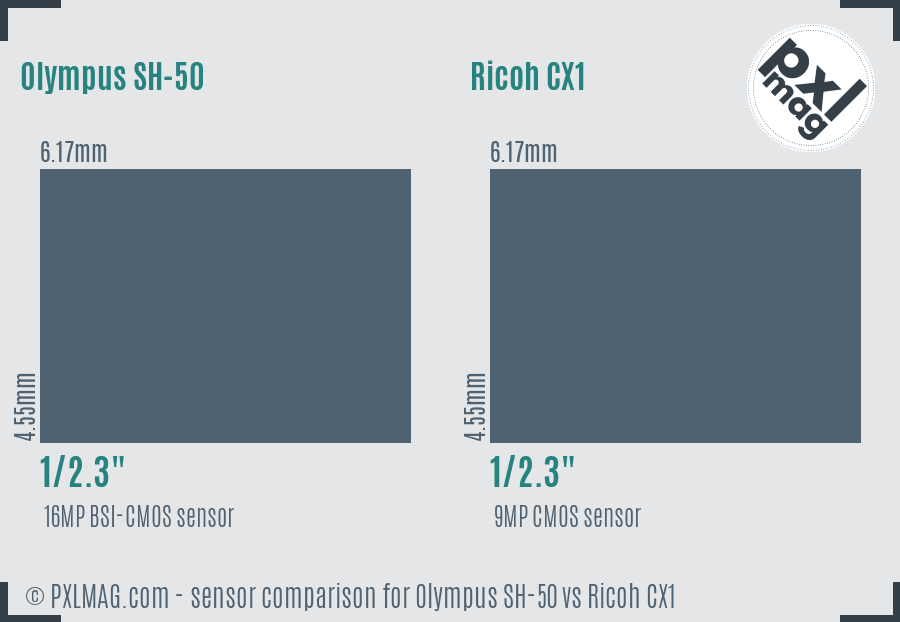 Olympus SH-50 vs Ricoh CX1 sensor size comparison