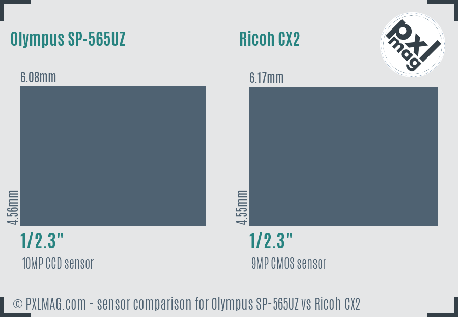 Olympus SP-565UZ vs Ricoh CX2 sensor size comparison