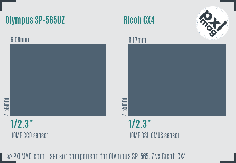 Olympus SP-565UZ vs Ricoh CX4 sensor size comparison Olympus SP-565UZ vs Ricoh CX4 sensor size comparison