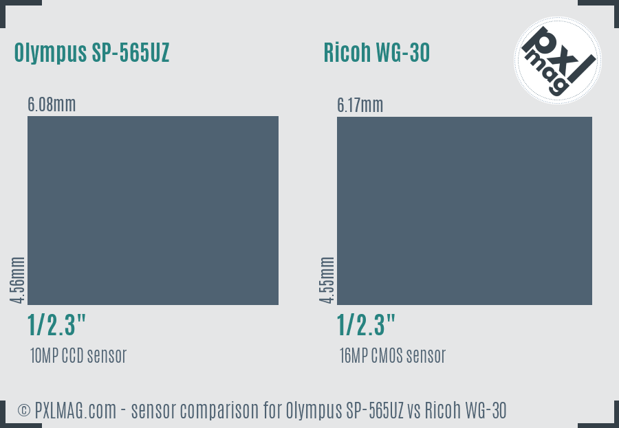 Olympus SP-565UZ vs Ricoh WG-30 sensor size comparison