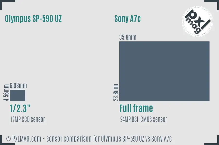 Olympus SP-590 UZ vs Sony A7c sensor size comparison