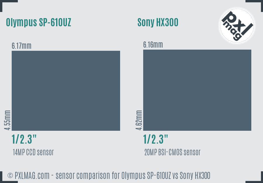 Olympus SP-610UZ vs Sony HX300 sensor size comparison