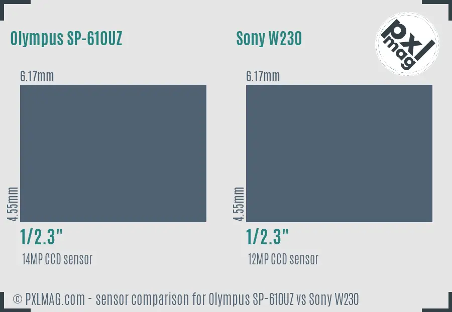 Olympus SP-610UZ vs Sony W230 sensor size comparison