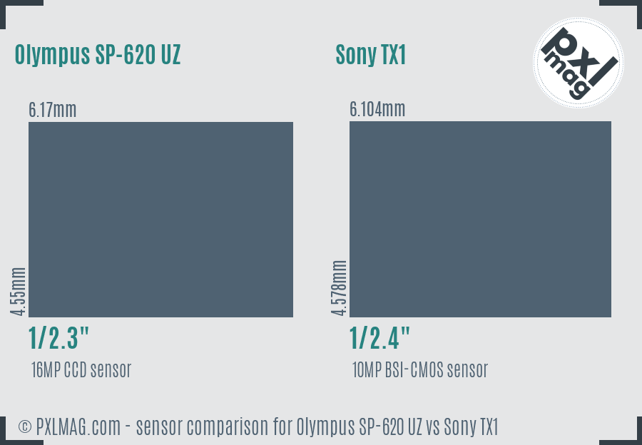 Olympus SP-620 UZ vs Sony TX1 sensor size comparison