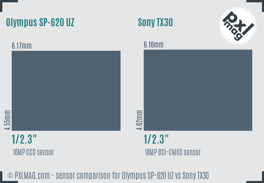 Olympus SP-620 UZ vs Sony TX30 sensor size comparison