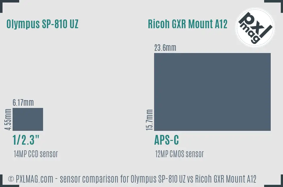 Olympus SP-810 UZ vs Ricoh GXR Mount A12 sensor size comparison